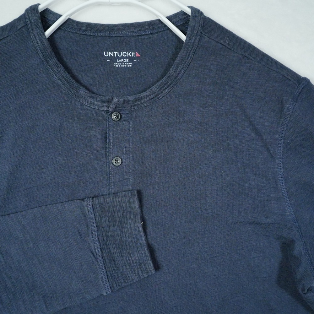 UNTUCKit Yannik Mens Navy Blue Slub Cotton Long Sleeve Henley Shirt Large 41197